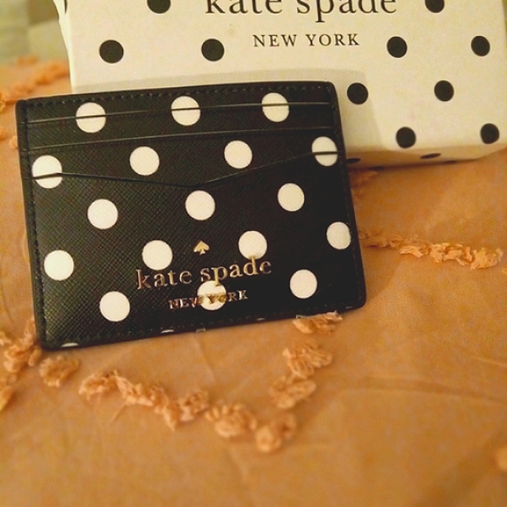 Kate Spade NY: black/white Cheers! polka dot card holder. NWT and box.